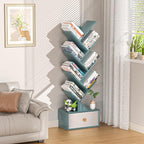8 Tier Tree Bookshelf with Drawer, Free Standing Wood Bookcase for Narrow Space, Storage Organizer Bookshelves for Books, Book Case for Home Office, Living Room, Bedroom, Navy Blue