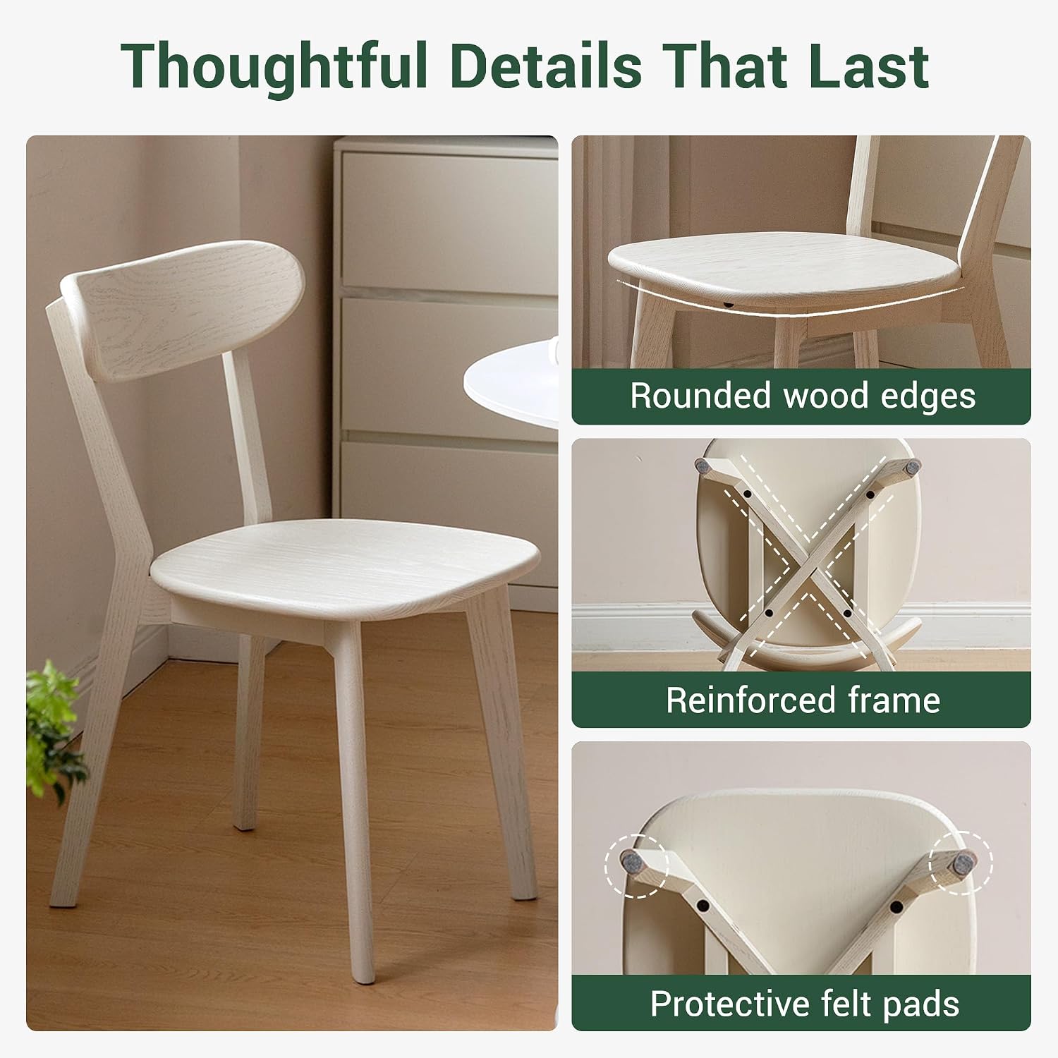 Oak Dining Chairs, Kitchen Chairs, 100% Solid Wood Modern Dinner Chair with Curved Backrest, Dining Room Chair for Kitchen, Living Room, Study(2PK, Cream White)