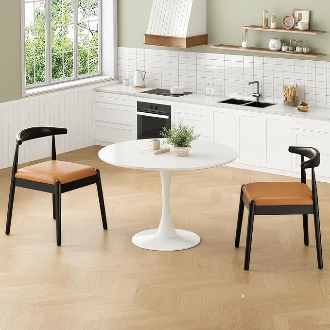 Farini Mid Century Modern Dining Chairs Set of 2, Solid Wood Frame Kitchen Chairs with PU Leather Upholstered Seat for Dining Room & Breakfast Nook,Black-Whiskey Brown