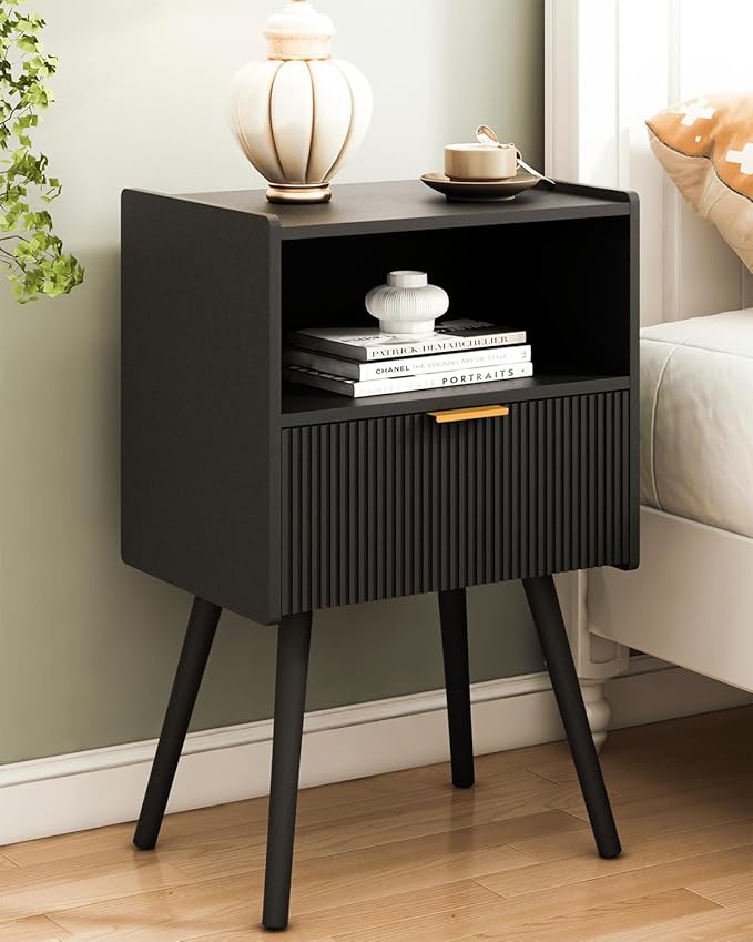 Black Nightstand,Modern Bedside Table with Storage Drawer and Open Wood Shelf...