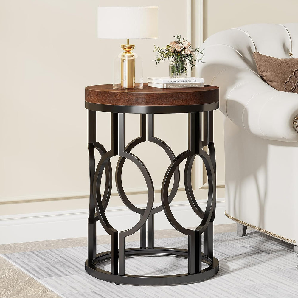 Tribesigns Round End Table Set of 2, Industrial Side Table with Metal Hollow ...