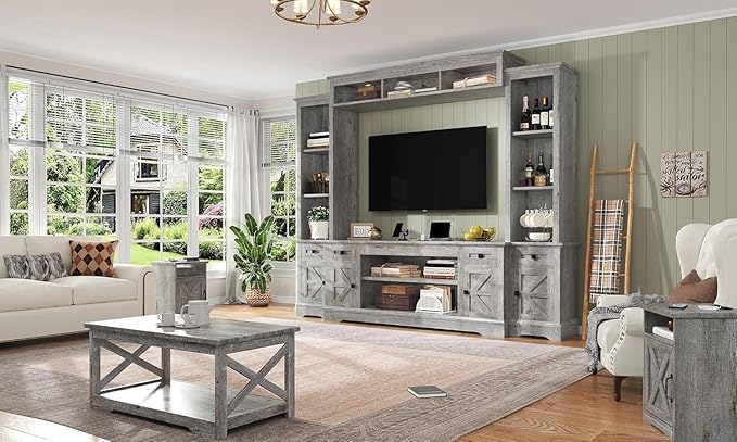 AMERLIFE 98" Farmhouse Wall Unit Entertainment Center with Bookshelves, Wine Cabinet, Fits 75" TVs, Large TV Stand with Power Outlets & Barn Door, Rustic Media Console for Living Room, Gray