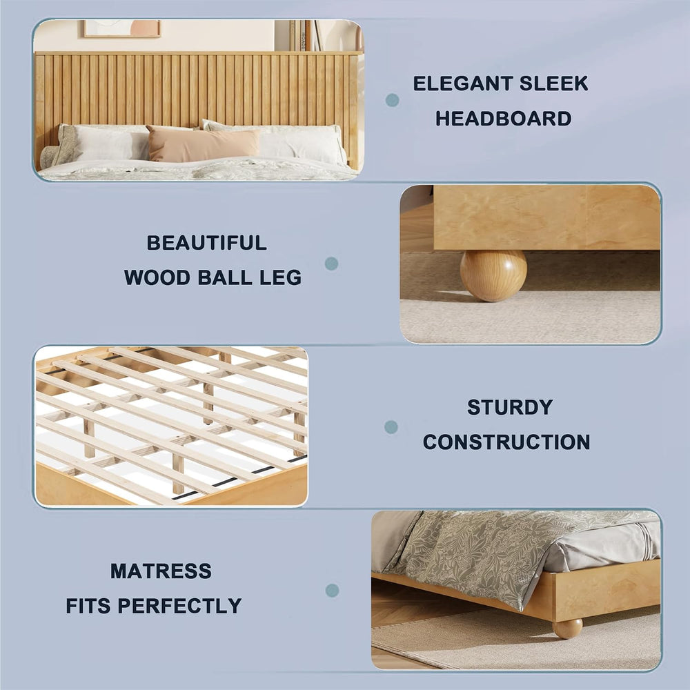 Merax King Size Bed Frame with Reeded Headboard, Natural Wood Platform Bed Fr...