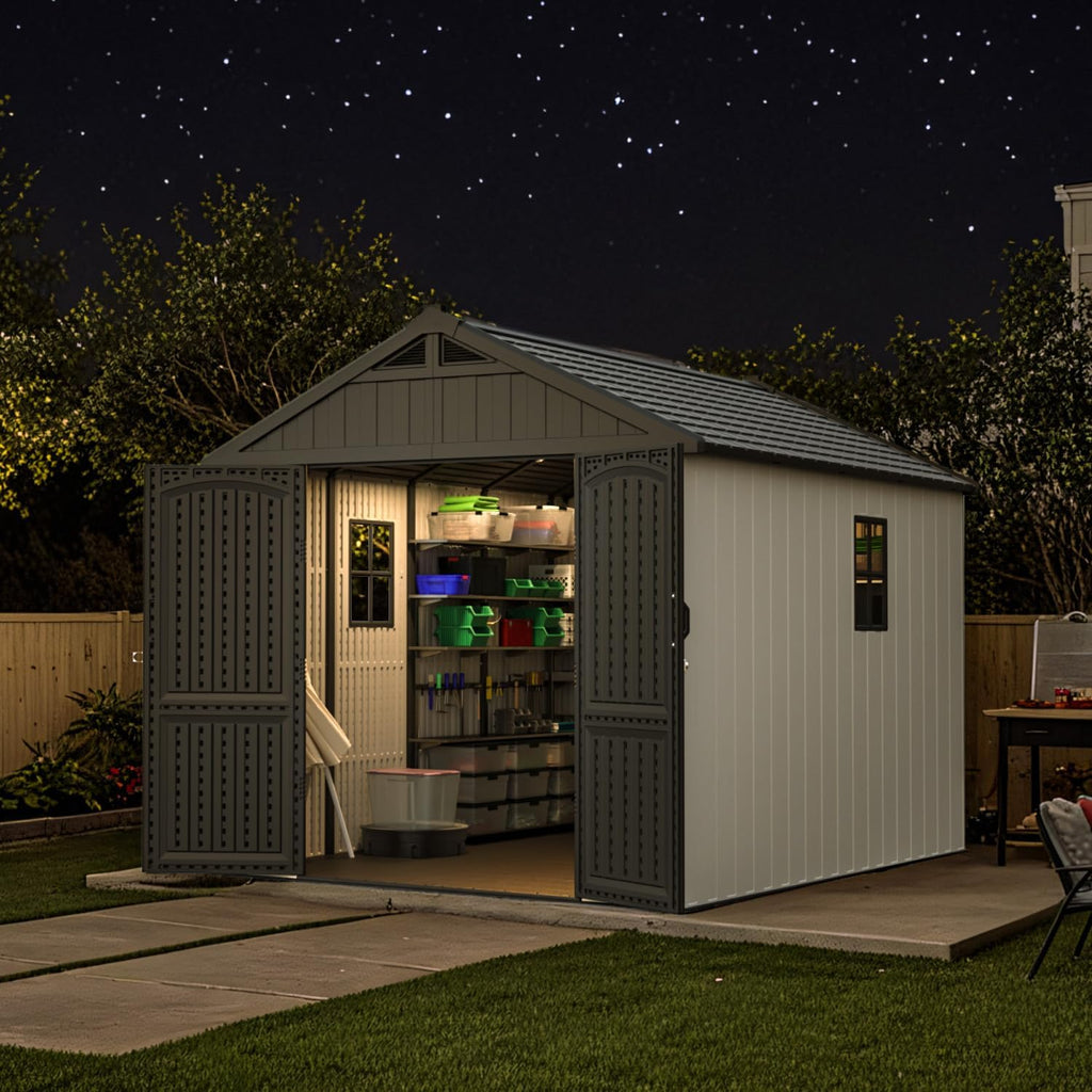 Patiowell 8 x 10 FT Resin Outdoor Storage Shed with Floor and Light, Large Plastic Barn with Lockable Door for Garden Tools, Backyard, Bike Storage, Easy Installation in Beige (Kick-it Shed)