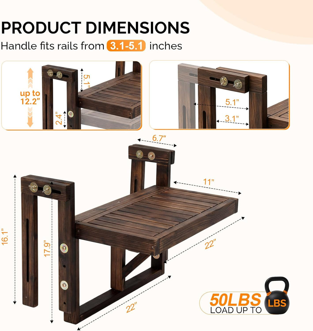 VINGLI 22in Acacia Wood Folding Balcony Hanging Table – Adjustable Height &am...