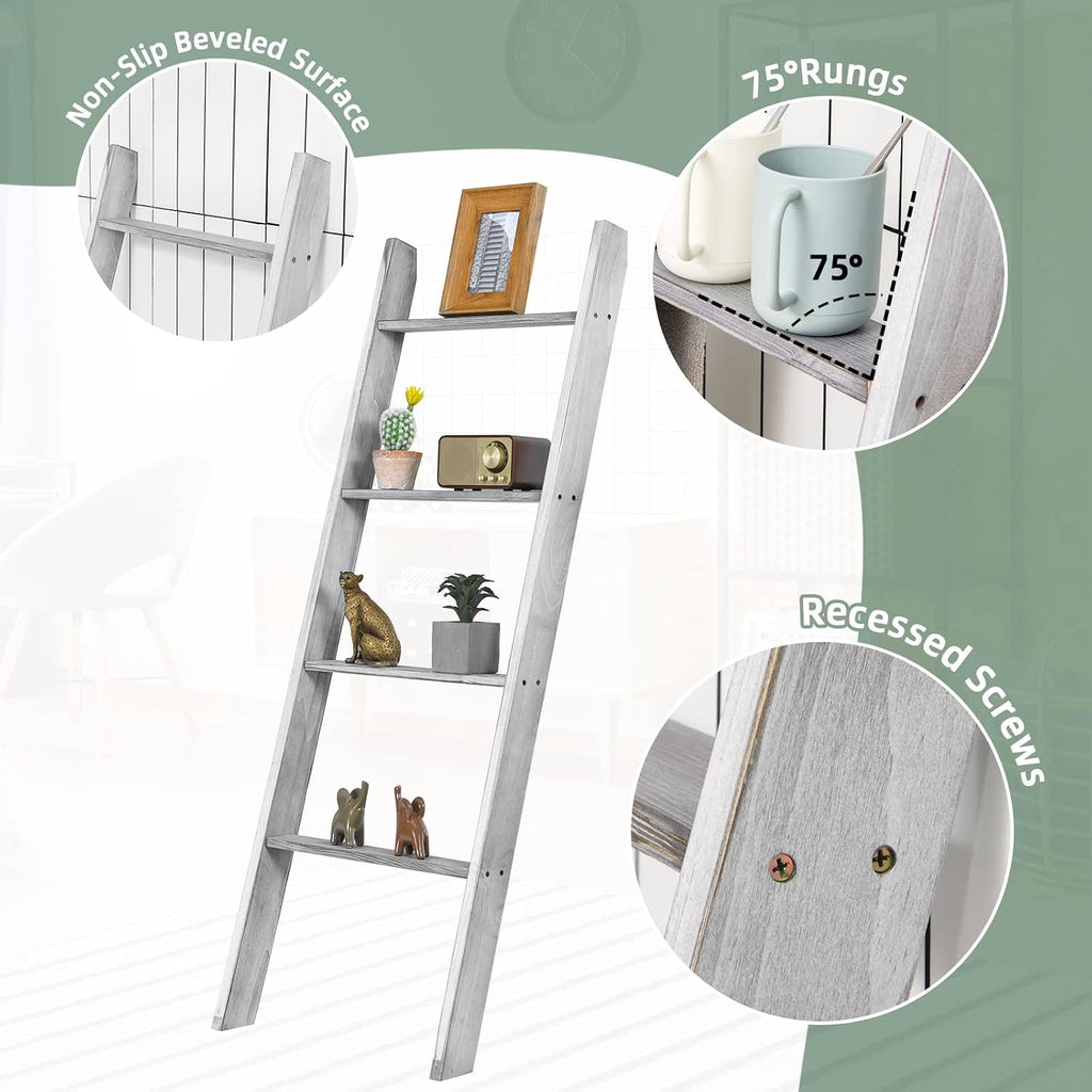 Tangkula 4-Tier Wooden Blanket Ladder, 4.5 ft Farmhouse Storage Rack, Wall Leaning Ladder Shelf Stand, Decorative Blanket Shelf for Living Room, Bathroom & Bedroom (Grey)