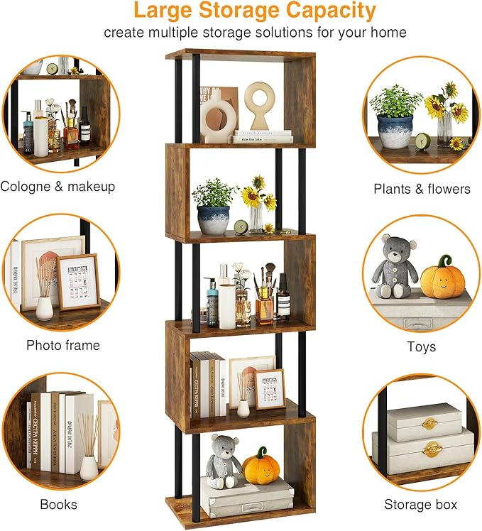 IBUYKE 6-Tier Tall Bookshelf,S-Shaped Geometric Bookcase, Wood Display Shelve...
