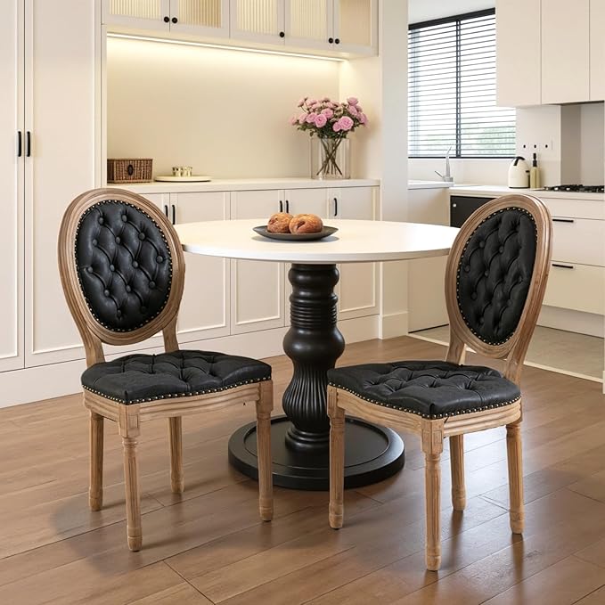 French Country Dining Chairs Set of 6,Farmhouse Upholstered Dining Room Chairs with Tufted Round Back&Solid Leg,PU Leather Kitchen Side Chairs for Kitchen/Bedroom/Dining Room,Black