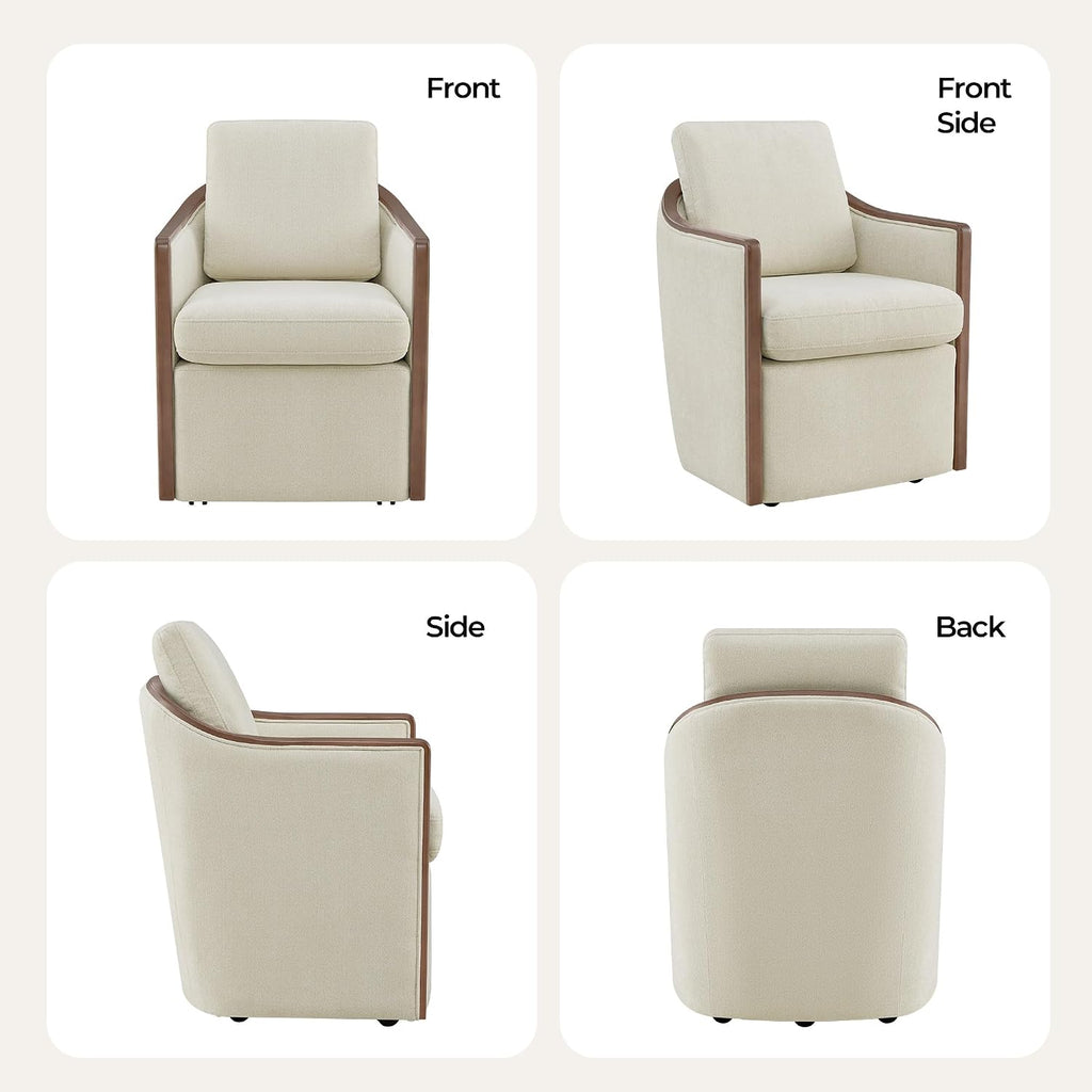 CHITA Upholstered Dining Chairs Set of 2 with Hidden Casters, Modern Dining Chair with Backrest & Wood Armrest, Chenille Barrel Chairs for Dining Room, Kitchen Chairs Fully Assembled, Cream