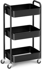 CAXXA 3-Tier Rolling Metal Storage Organizer - Mobile Utility Cart, Kitchen Cart with Caster Wheels (Black)