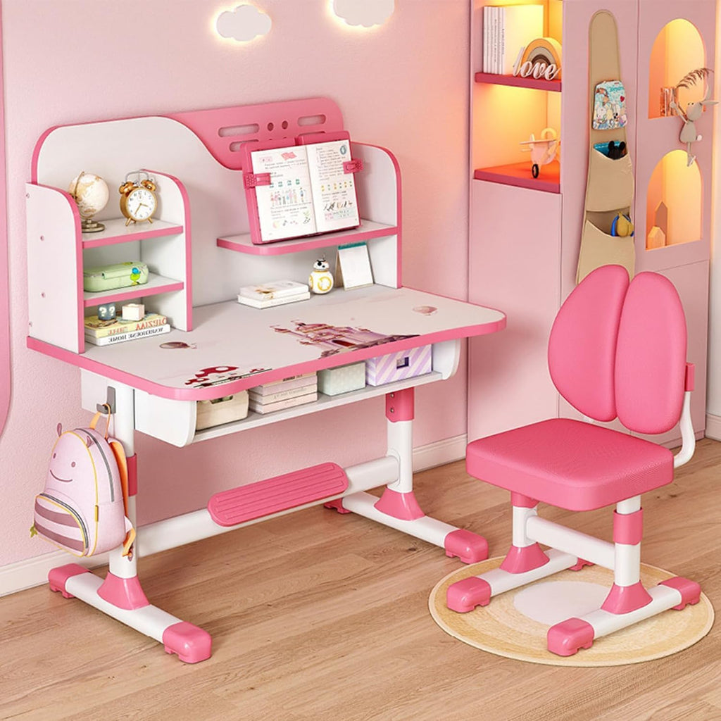 Kids Desk and Chair Set, Study Table and Chair, Desk for Kids, Children's Desks with Golden Distance Design, Homeschooling Writing Desk with Desktop for Boys and Girls (Pink 3)