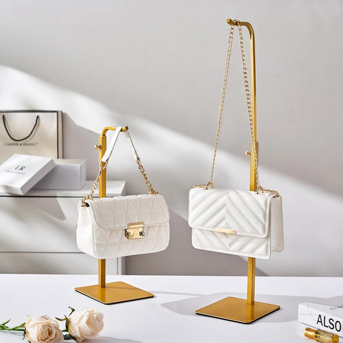 3 Pack Purse Holder Handbag Display Stand: Gold Hanger Rack for Bags, Purses, and Wreath, Adjustable Hook Stand for Tabletop, Closet, and Retail Use for Vendors