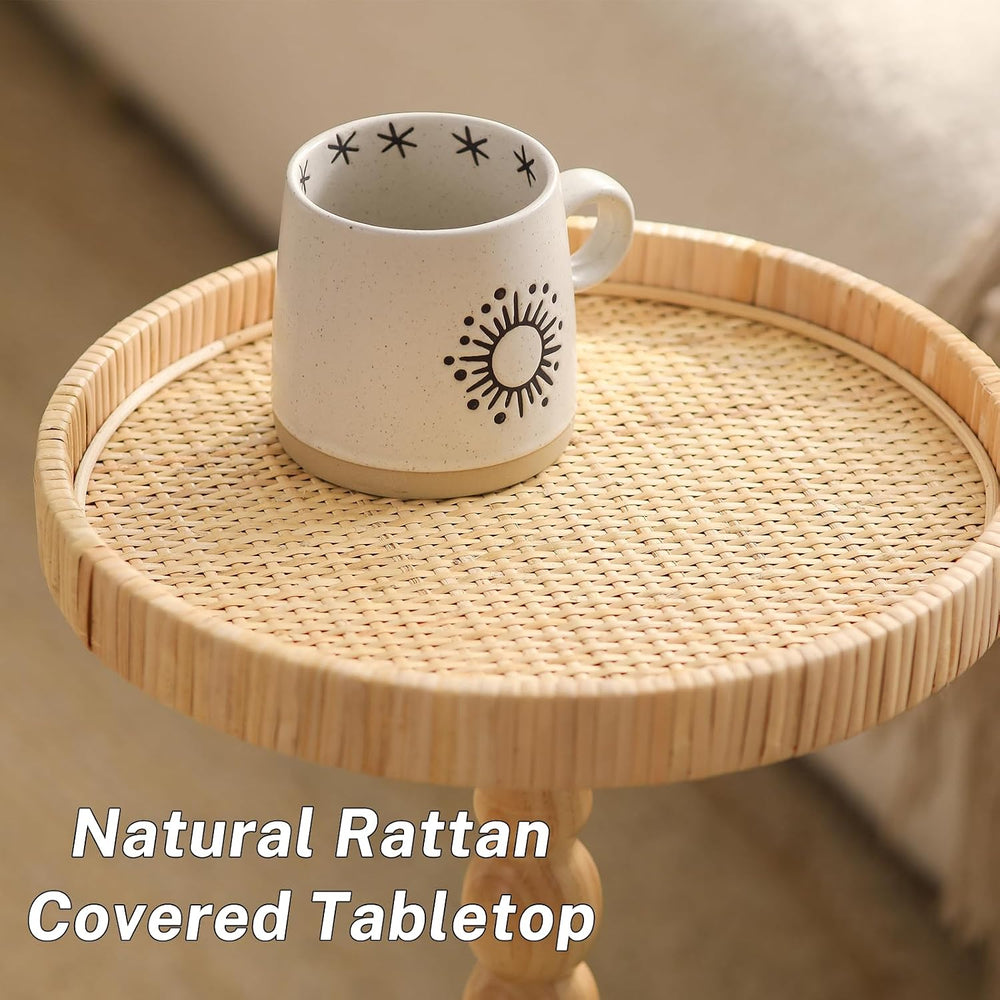 Small Side Table，Rattan Round Drink Tables for Small Spaces, Boho Circle Acce...