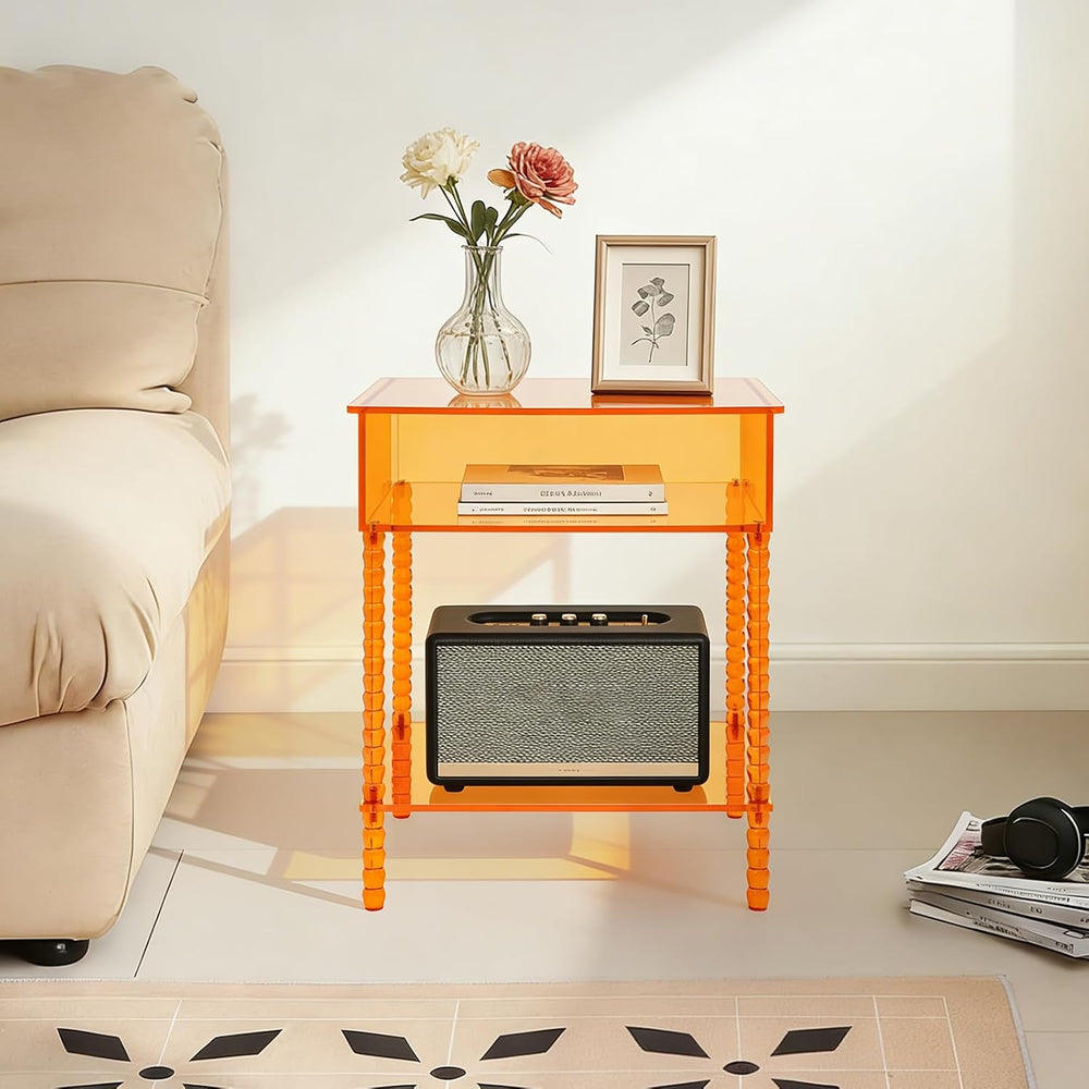 16inch Acrylic End Side Table, 3 Tier Orange End Table with Large Storage Mod...