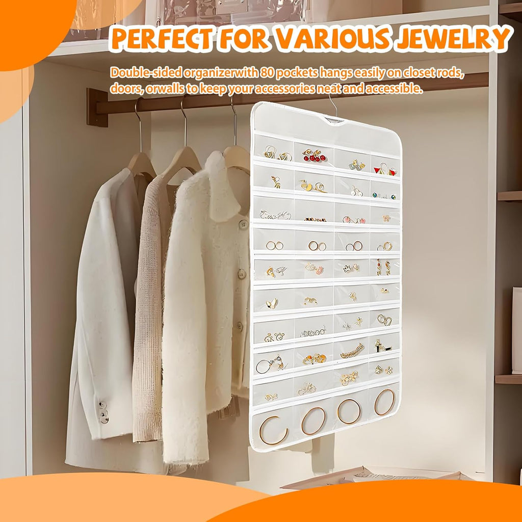 80 Pockets Hanging Jewelry Organizer, Double-Sided White Closet Jewelry Holder for Space-Saving Storage of Earrings, Rings, Bracelets and Small Accessories