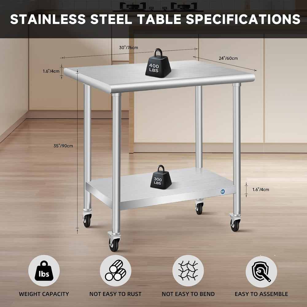Stainless Steel Table with Wheels, Stainless Table for Prep & Work, 24x30...