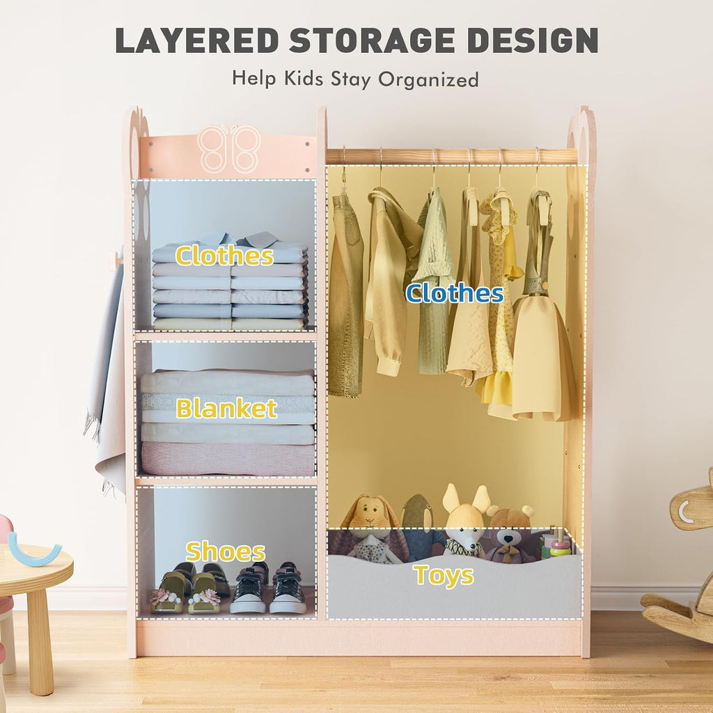 BlueWood Dress Up Storage Kids Wardrobe with Mirror, Toddler Costume Closet | Princess Closet with Hanging Rod, 3 Shelves & Storage Bins, Armoire Rack for Little Princess Girls Ages 3-7, Pink Butterfly