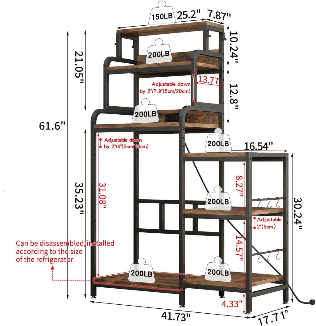 7-Tier Kitchen Storage Rack, Mini Fridge and Microwave Stand with AC/USB Outlets, Metal Frame, Walnut Brown MDF Shelves, Utility Cabinet for Kitchen, Living Room, Dorm