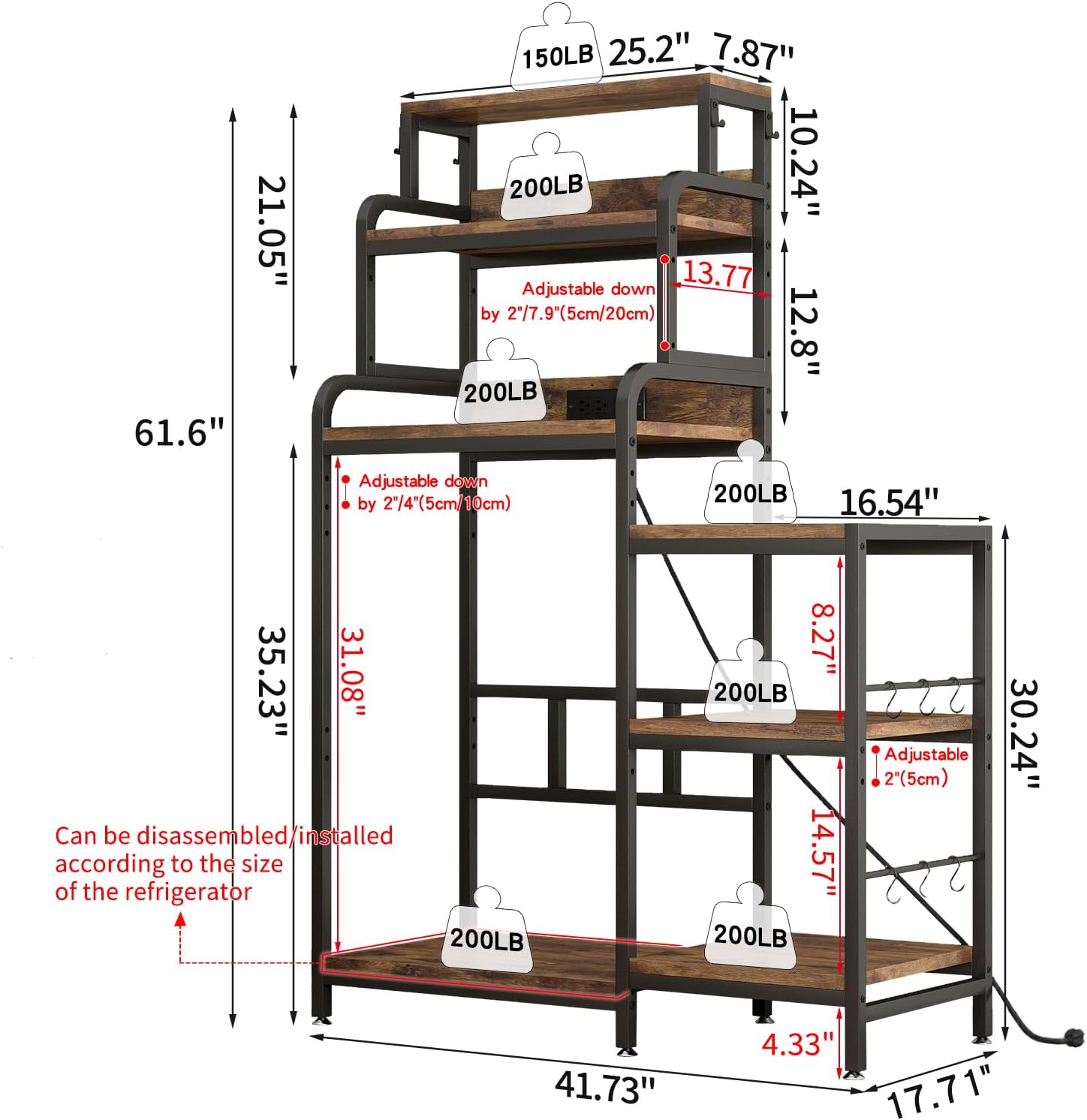 7-Tier Kitchen Storage Rack, Mini Fridge and Microwave Stand with AC/USB Outlets, Metal Frame, Walnut Brown MDF Shelves, Utility Cabinet for Kitchen, Living Room, Dorm