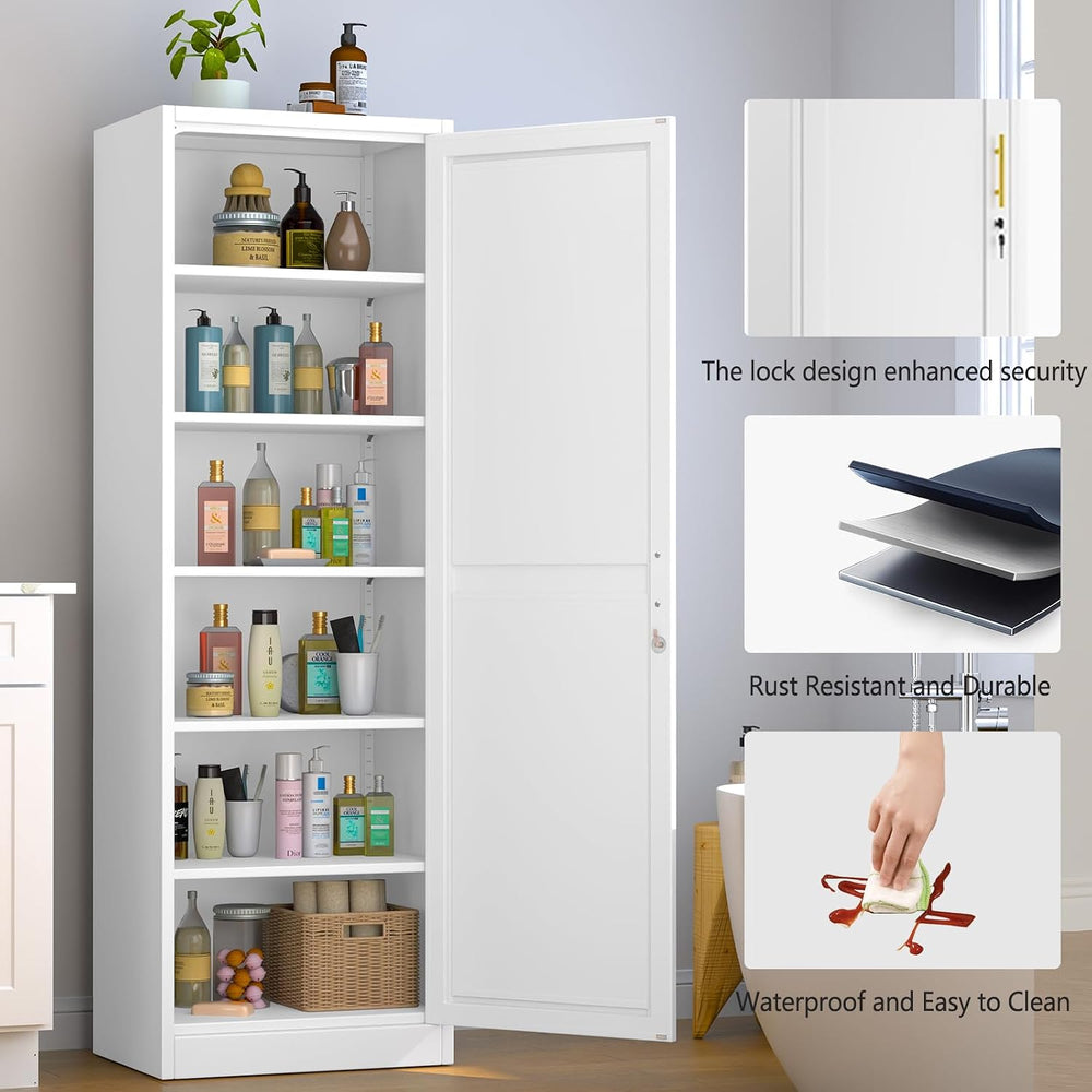 Metal Narrow Pantry Cabinet with Doors and Shleves, 67" H Tall Locker Ca...