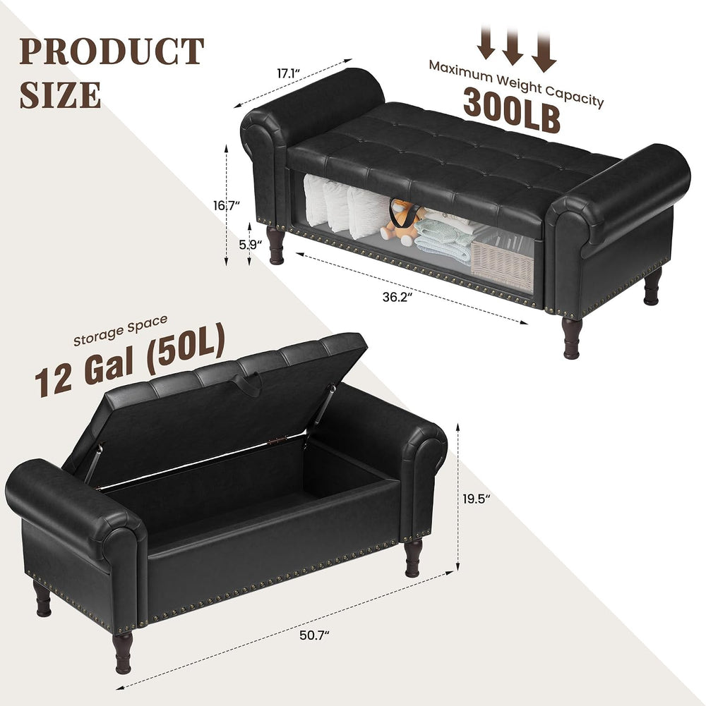 YOUDENOVA 51” Ottoman with Storage, Upholstered Storage Ottoman Bench with Ro...