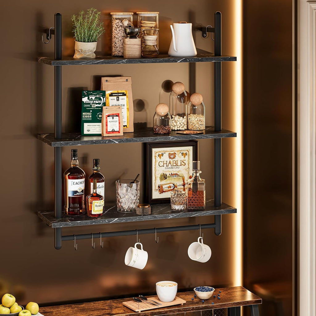 Bestier Floating Pipe Shelving, 31.5" Floating Kitchen Shelves Wall Mounted, 3 Tier Coffee Bar Shelf Ladder Bookshelf with Towel Bar Hooks for Kitchen Living Room Bathroom Bedroom, Black Marble