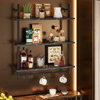 Bestier Floating Pipe Shelving, 31.5" Floating Kitchen Shelves Wall Mounted, 3 Tier Coffee Bar Shelf Ladder Bookshelf with Towel Bar Hooks for Kitchen Living Room Bathroom Bedroom, Black Marble