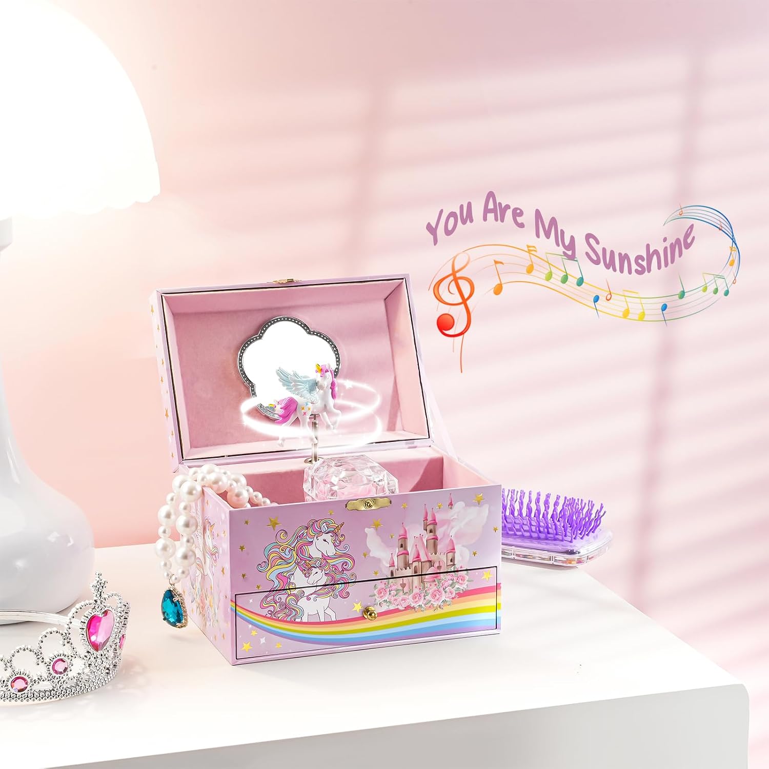 ProCase Children's Jewelry Box, Kids Jewelry Organizer with Unicorn for Little Girls, Jewelry Case Gift for Toddler Age 2 3 4 5 6 7 8 -Sunshine