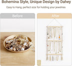 Dahey Hanging Jewelry Organizer Macrame Necklace Holder with 30 Hooks Wall Mounted Jewelry Hanger Over Door Necklace Rack with Tassel for Necklace Bracelet Earring Headband Bow Organizer