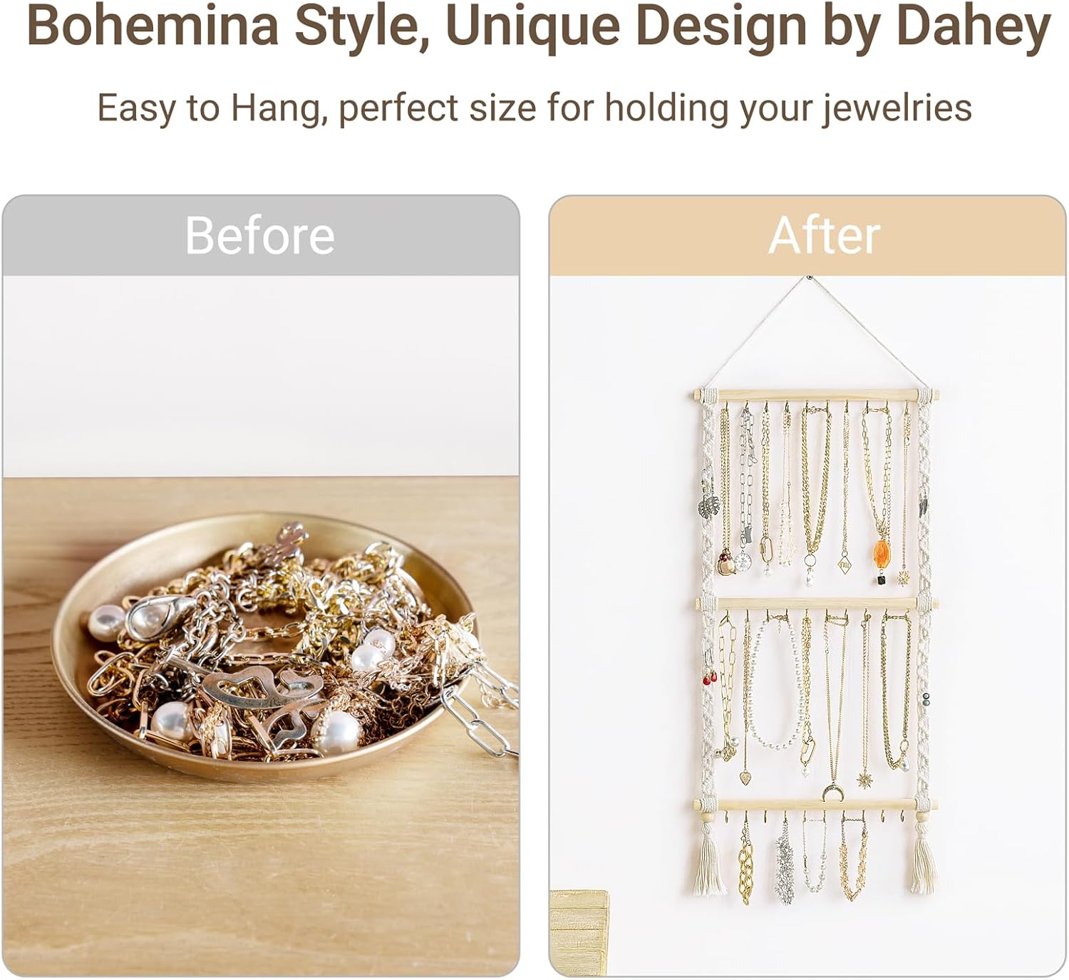 Dahey Hanging Jewelry Organizer Macrame Necklace Holder with 30 Hooks Wall Mounted Jewelry Hanger Over Door Necklace Rack with Tassel for Necklace Bracelet Earring Headband Bow Organizer