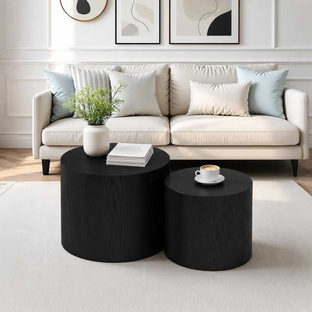 Nesting Coffee Table Set of 2, Modern Round Wood Side Table, Black | Nesting ...