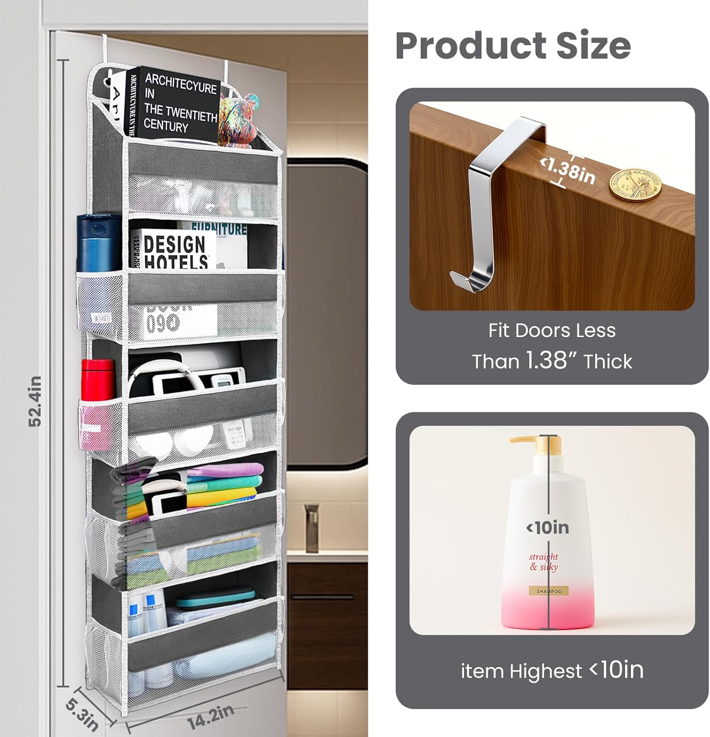 Over The Door Organizer with 8 Side Mesh Pockets, 44lb Weight Capacity Hanging Behind The Door Bathroom Organizers and Storage Suitable for Storing Toys, Shoes, Towels, Dark Grey, 5 Shelf
