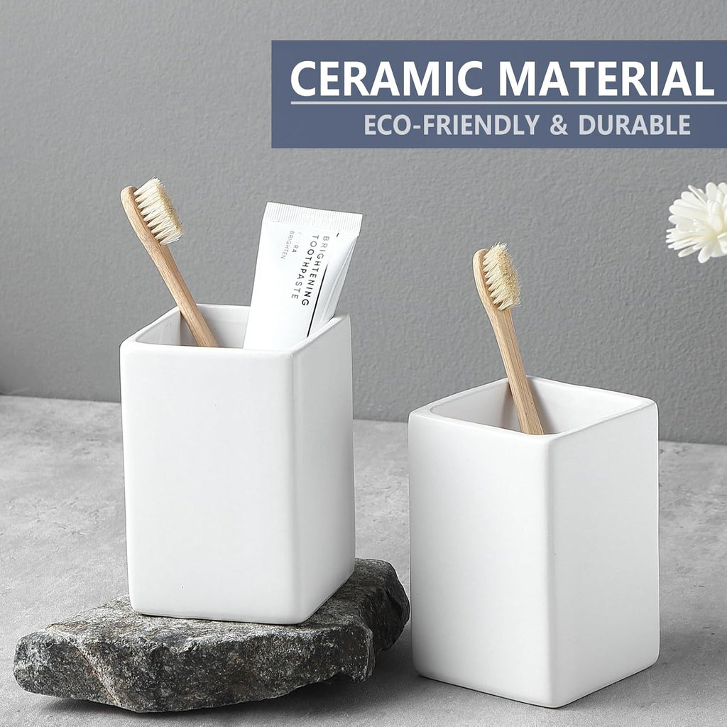 Toothbrush Holders for Bathrooms - 2 Cups Ceramic Square Toothbrush Toothpaste Holders Set, White Square Bathroom Tumbler Cups Reusable Toothbrush Mouthwash Cup, Bathroom Counter Organizer.