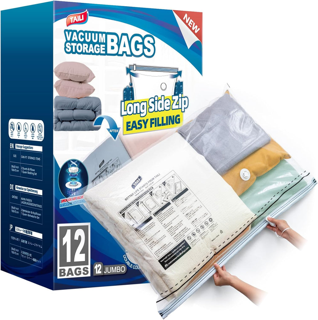 TAILI 12 Pack Vacuum Storage Bags, LONG SIDE ZIP (39x28 inch) Vacuum Seal Bags for Clothing, Jumbo Storage Space Saver for Beddings, Comforters, Blanket, Pillows and Clothes
