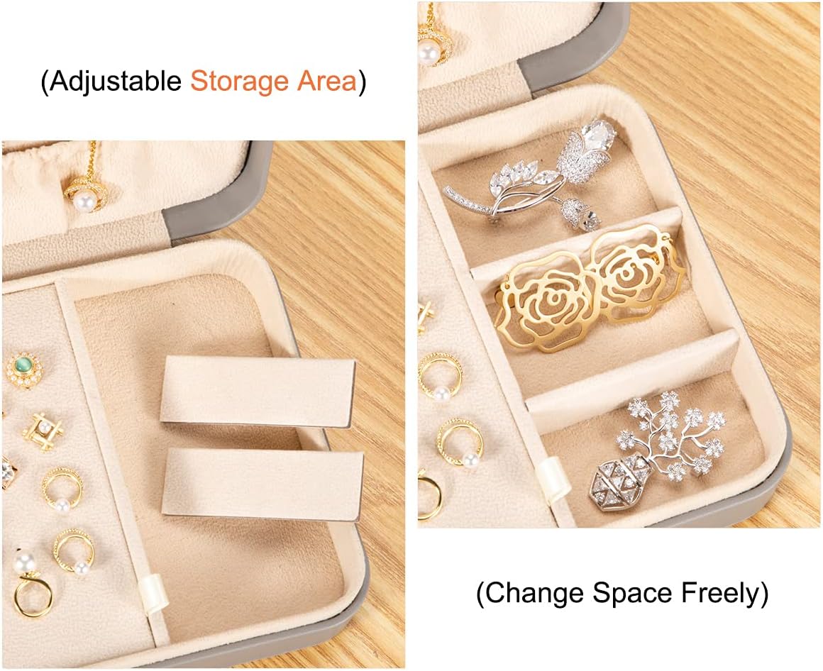LANDICI Small Jewelry Box for Women Girls, PU Leather Travel Jewelry Case, Portable Jewelry Organizer Storage Holder Display for Ring Earrings Necklace Bracelet Bangle Men Kids Gift, Grey