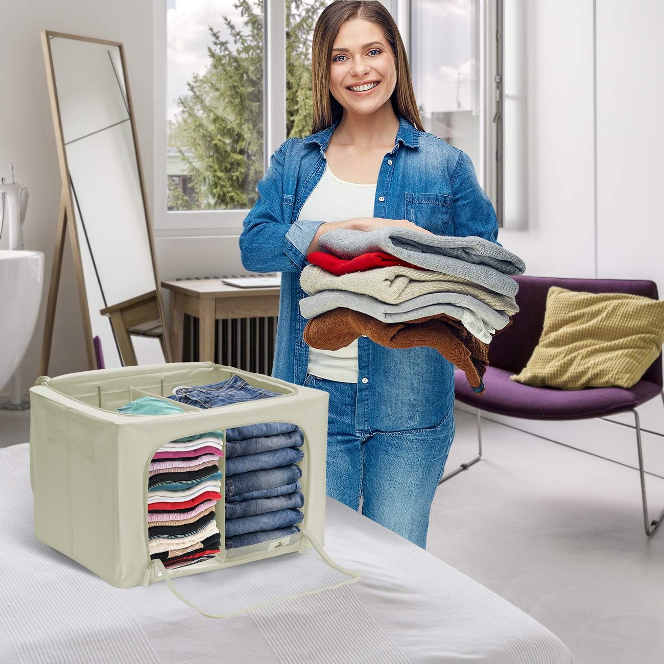 Sorbus Storage Bins with Divided Interior - Large Stackable & Foldable Organizer Containers with Metal Frame, Oxford Fabric, Large Window & Carry Handles - Organization for Bedroom, Linens & Clothes