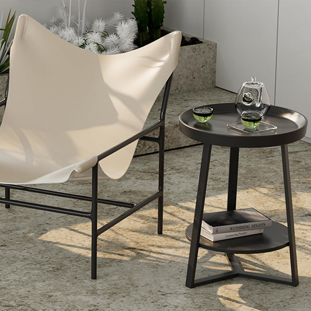 Gadroad Round End Table with Charging Station, Wood Tabletop & Black Meta...
