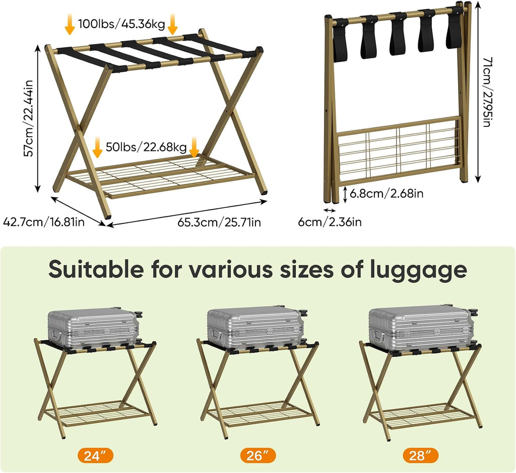 Smart FENDEE 2 Packs Fully Assembled Steel Luggage Rack, Folding Suitcase Stand with Shoe Shelf, Portable Luggage Holder for Guest Room, Bedroom, Hotel, Brass