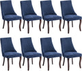 Linen Dining Chairs Set of 8,Comfy Fabric Upholstered Chairs for Kitchen Living Room,Channel Tufted Dining Room Chairs with Curved Solid Wood Legs(Blue,8 Pcs)