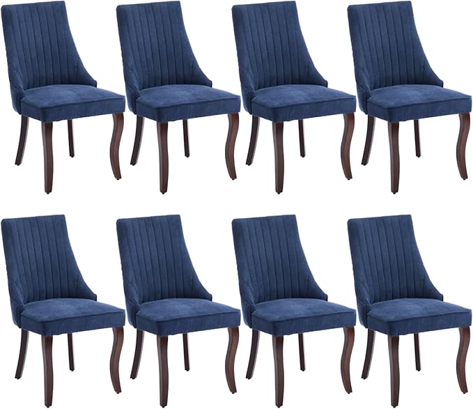 Linen Dining Chairs Set of 8,Comfy Fabric Upholstered Chairs for Kitchen Living Room,Channel Tufted Dining Room Chairs with Curved Solid Wood Legs(Blue,8 Pcs)