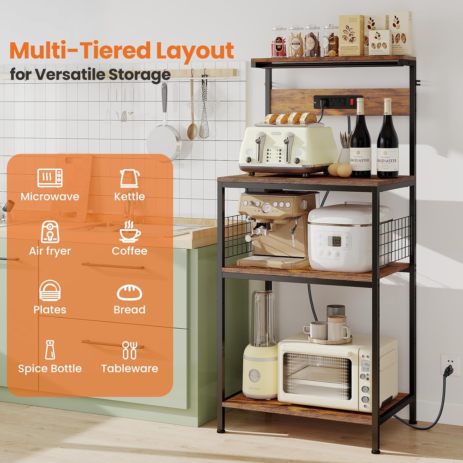 Sweetcrispy 23.6'' Small Bakers Rack with Power Outlet for Kitchen Storage | Microwave Stand with Adjustable Shelf for Coffee Bar Station, Small Apartment, Counter Space Saving, Rustic Brown