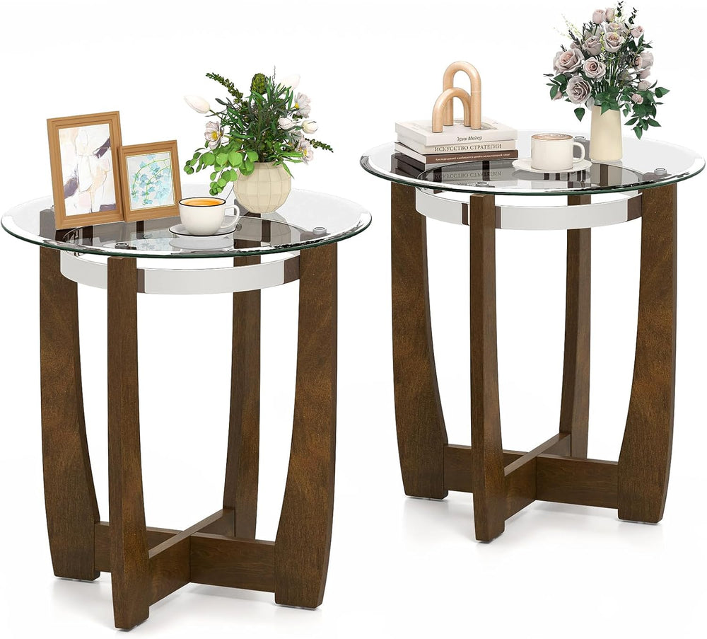 Giantex Round Glass End Table Set of 2, 24’’ Side Table with Tempered Glass T...