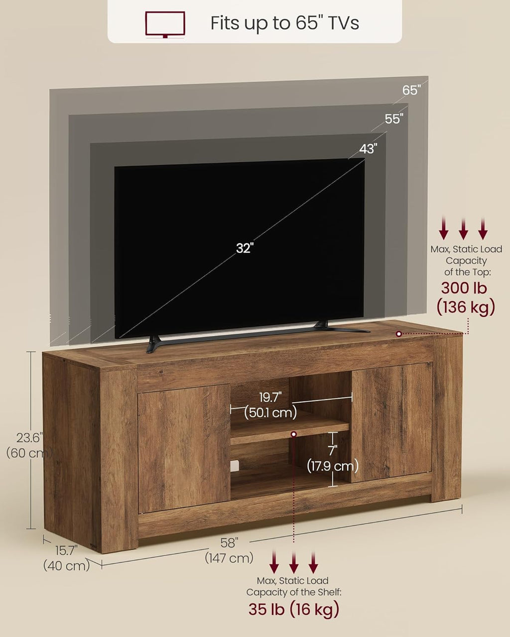 VASAGLE TV Stand, Farmhouse Entertainment Center with Storage Cabinets | Media Console Table for Living Room, Bedroom, for 65 Inch TV, Honey Brown ULTV623K101S
