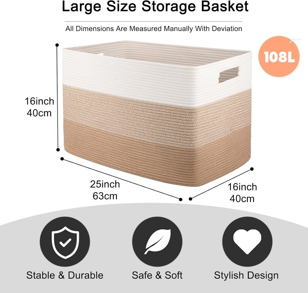 OIAHOMY 108L Super Large Blanket Basket, 25”x16”x16” Rectangle Woven Baskets for Storage, Cotton Rope Basket For Living Room, Toy Storage with Handle- Gradient Light Brown