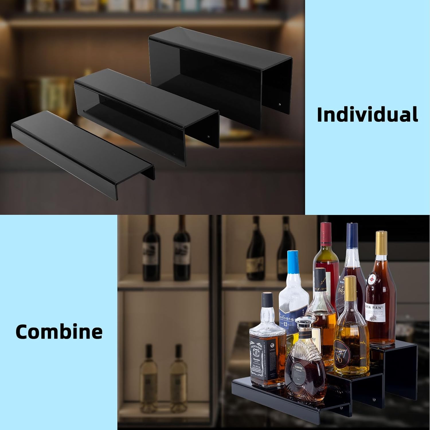 2 Pack Tiers Bar Shelves for Liquor Bottles, 15" Clear Acrylic Risers Display Racks Stands for Figures Pops Cupcake Perfume Collections (Black)