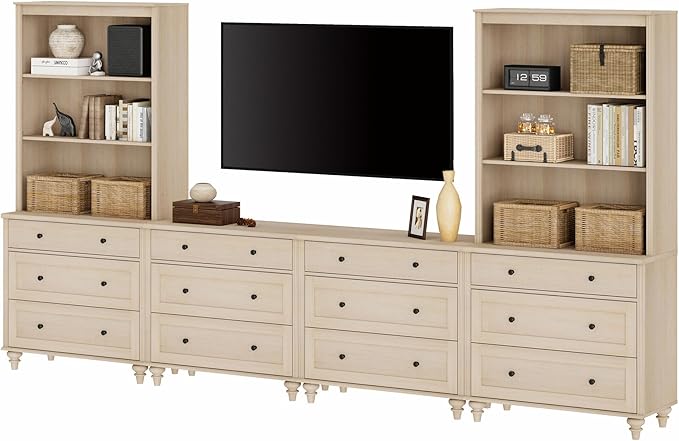 WAMPAT Entertainment Center with Bookshelves for TVs up to 75", Farmhouse Wall Unit TV Stand with Drawers, Media Console Table for Living Room, Bedroom & Home Theater, Light Oak