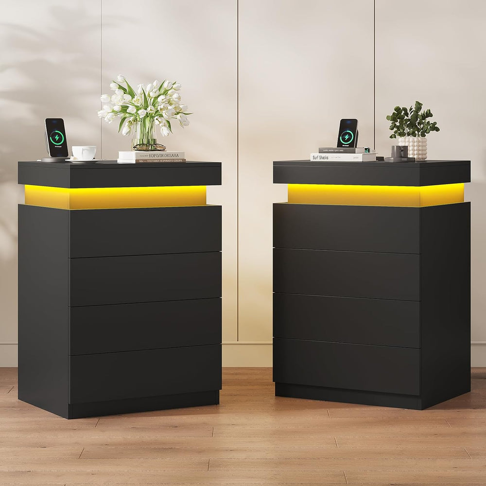 ADORNEVE Black Night Stand with Drawers and LED Lights | Bedside Table with C...
