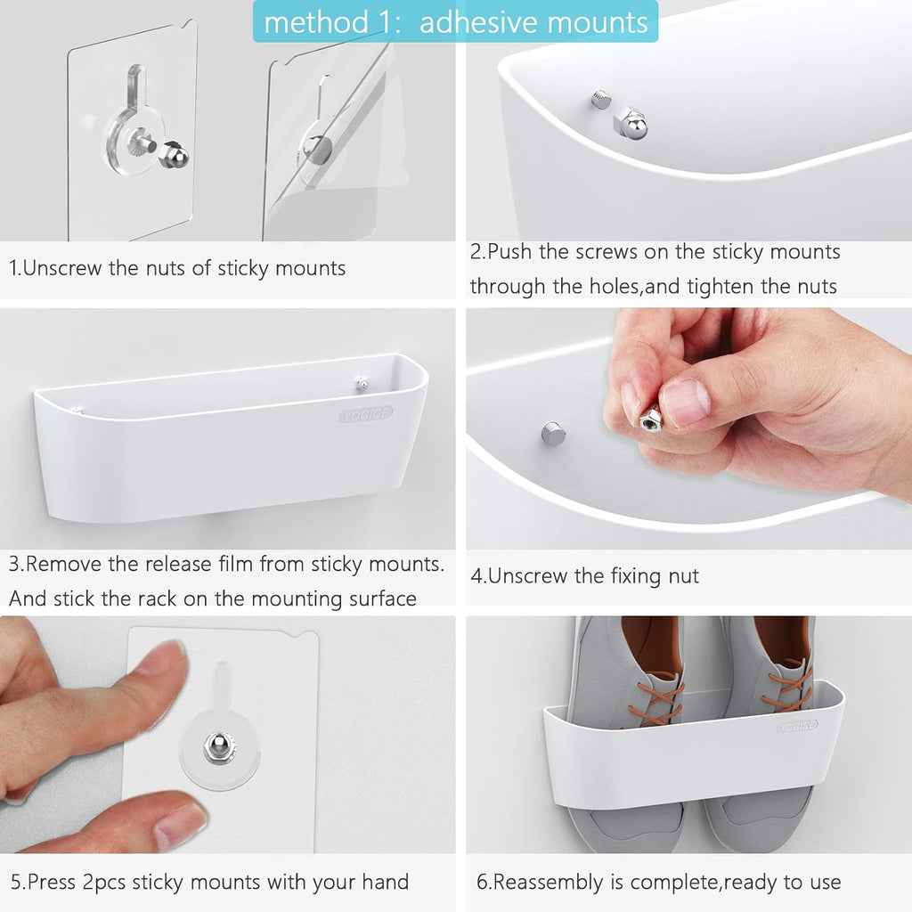 Wall Mounted Shoes Rack 2Pack with Sticky Hanging Strips, Plastic Shoes Holder Storage Organizer,Door Shoe Hangers (SM03-White-2)