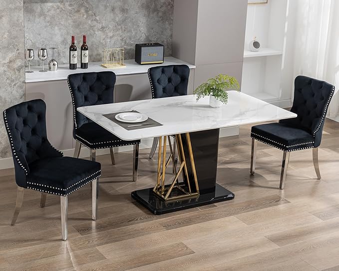 KCC Velvet Dining Chairs Set of 4, Upholstered High-end Tufted Dining Room Chair with Nailhead Back Ring Pull Trim Stainless Steel Legs, Contemporary Nikki Collection Modern Style for Kitchen, Black