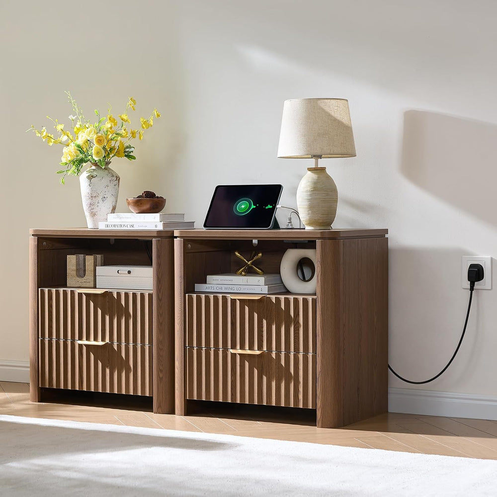Night Stands Set of 2,Fluted Nightstands with Charging Station- Modern 2 Draw...